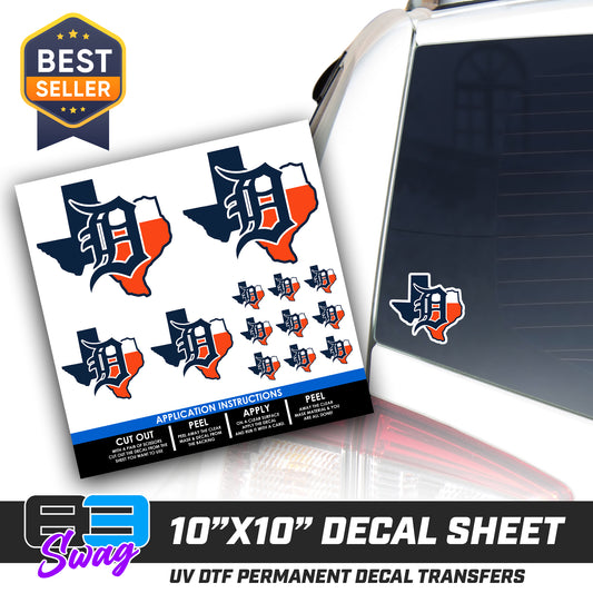 DTF Decal Sheet - 10x10 Sheet - Cut, Peel & Stick! - Dallas Tigers Baseball