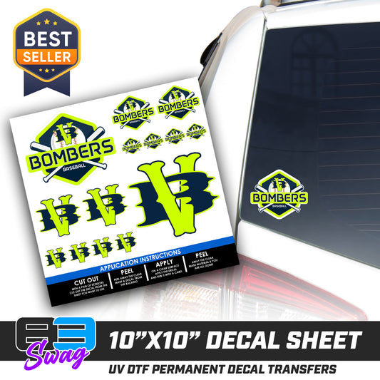 DTF Decal Sheet - 10x10 Sheet - Cut, Peel & Stick! - VB Bombers Baseball
