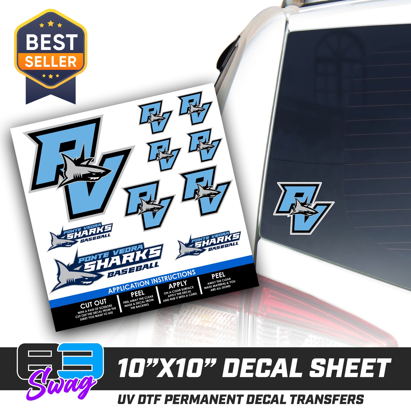 DTF Decal Sheet - 10x10 Sheet - Cut, Peel & Stick! - PVAA Sharks Baseball