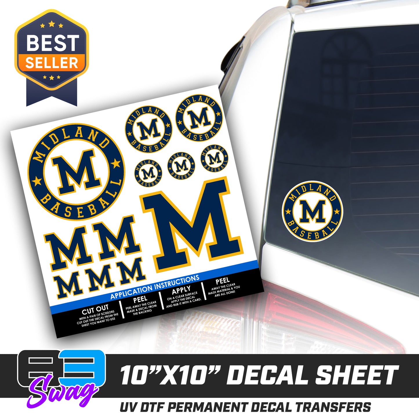 DTF Decal Sheet - 10x10 Sheet - Cut, Peel & Stick! - Midland Baseball