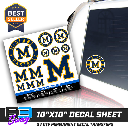 DTF Decal Sheet - 10x10 Sheet - Cut, Peel & Stick! - Midland Baseball