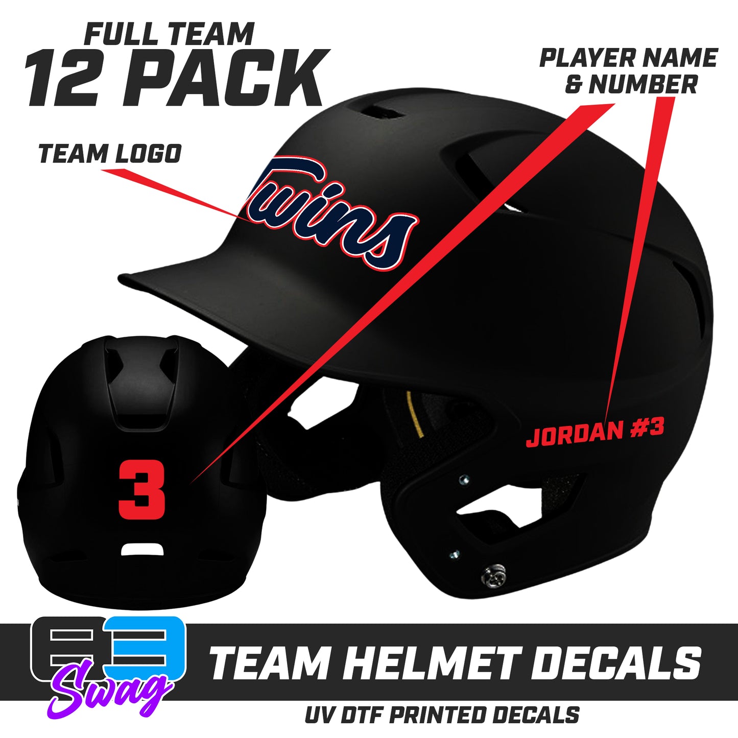 TEAM ORDER ONLY - Helmet Decal Set (12 Pack) - Town N Country Baseball