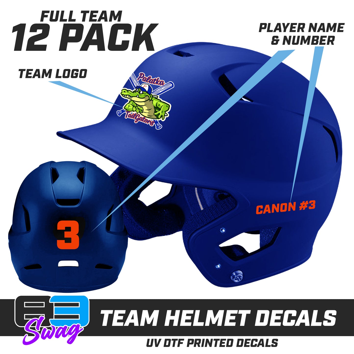 TEAM ORDER ONLY - Helmet Decal Set (12 Pack) - Palatka TailGators Baseball - 2024 FALL EDITION