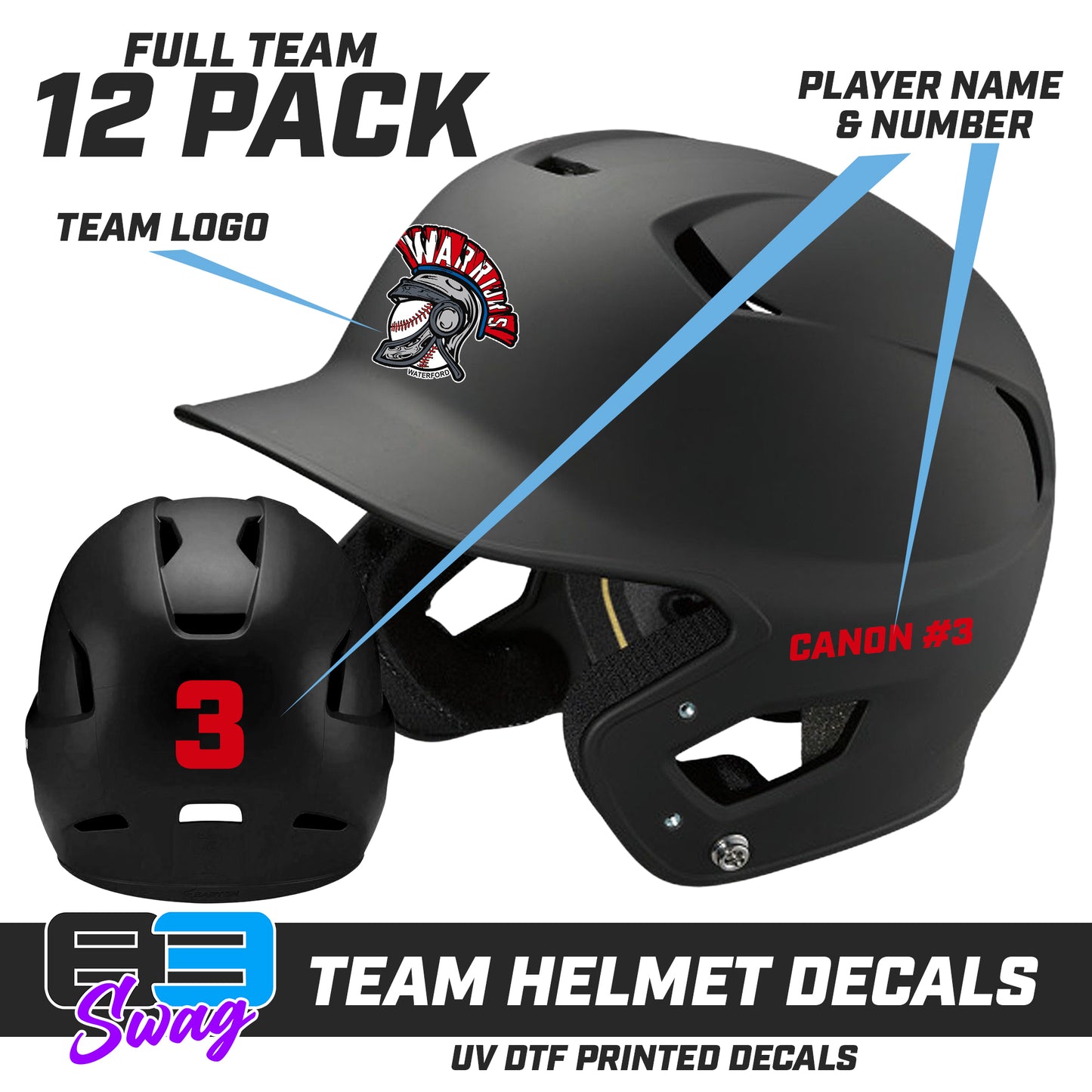 TEAM ORDER ONLY - Helmet Decal Set (12 Pack) - Waterford Warriors