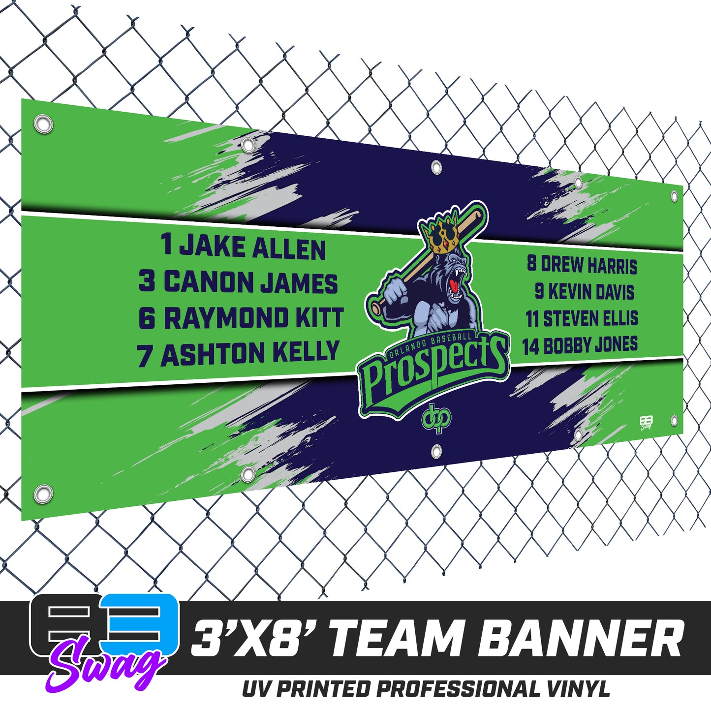 3'x8' Team Vinyl Banner with Roster - Orlando Baseball Prospects - Gorilla Kings