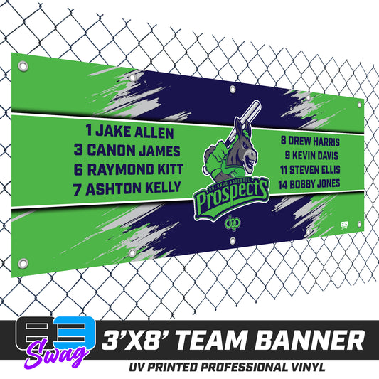 3'x8' Team Vinyl Banner with Roster - Orlando Baseball Prospects - Swamp Donkeys