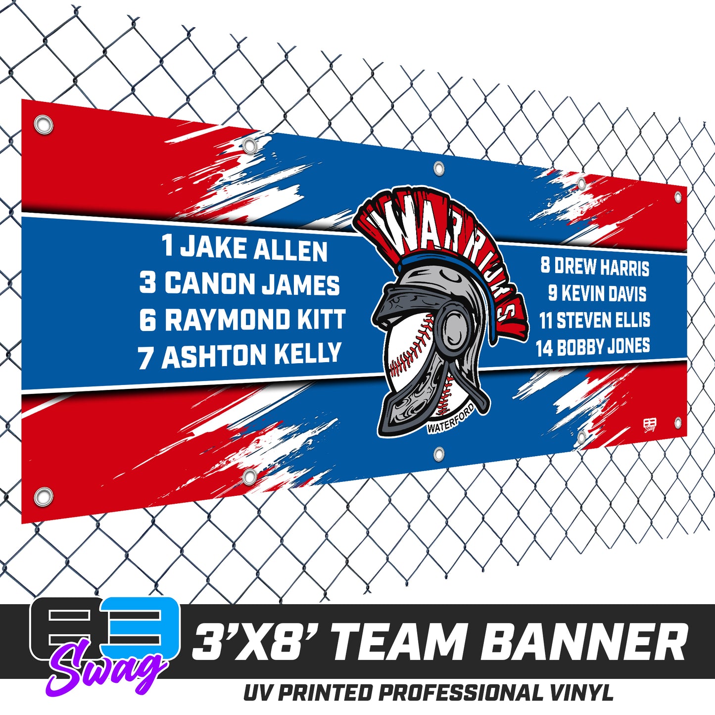 3'x8' Team Vinyl Banner with Roster - Waterford Warriors - 2024 Fall Edition