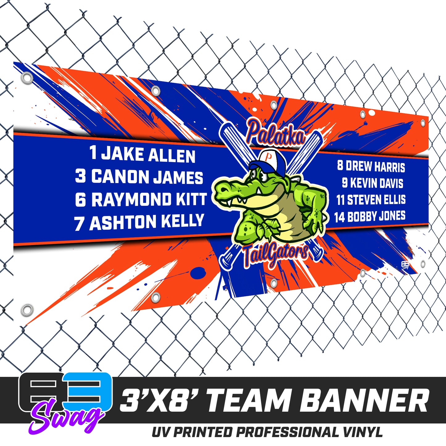 3'x8' Team Vinyl Banner with Roster - Palatka TailGators Baseball v.26
