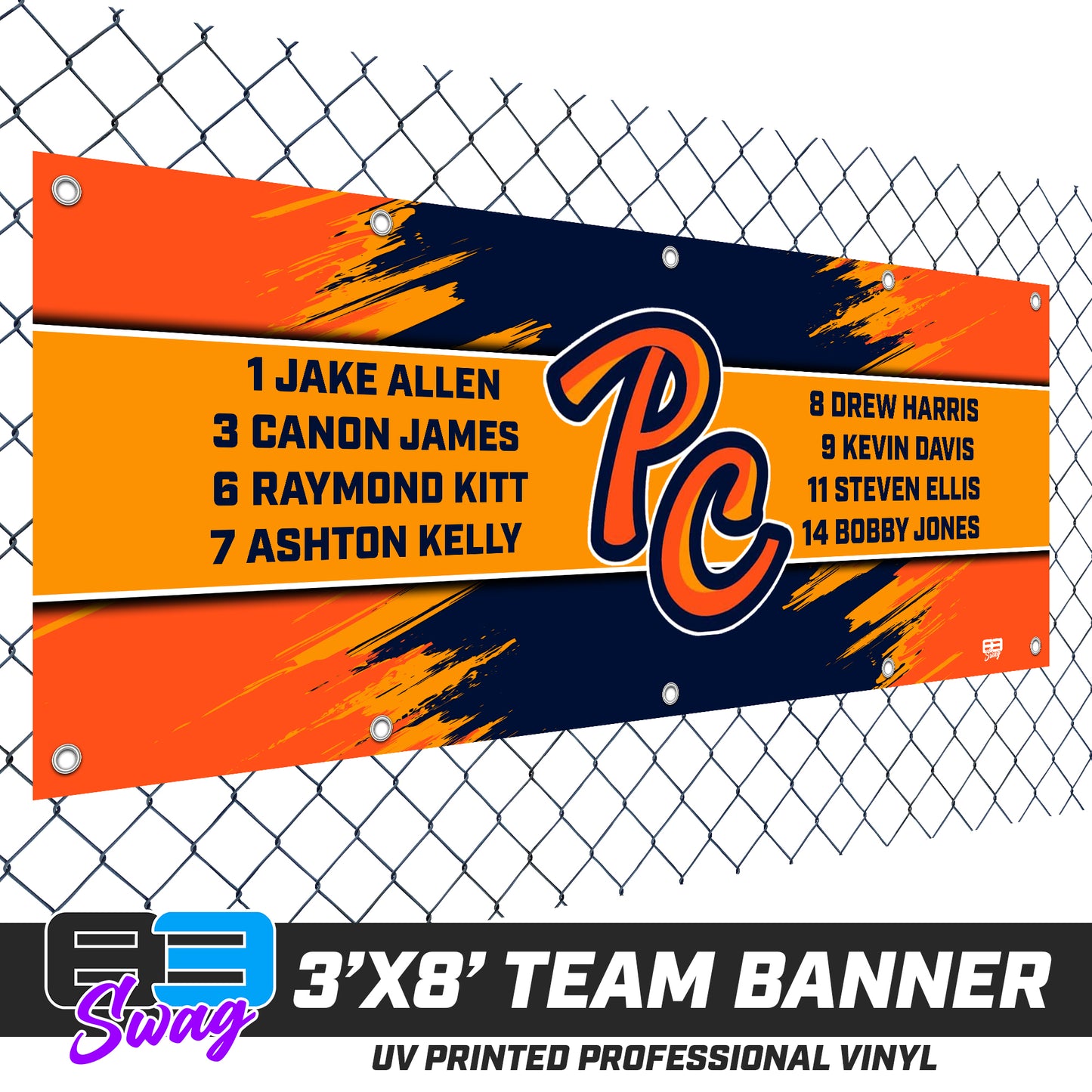 3'x8' Team Vinyl Banner with Roster - Peach Clobbers Baseball