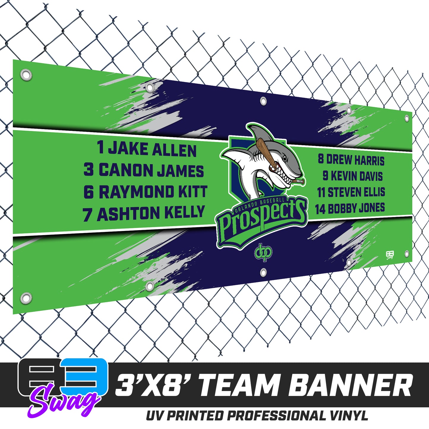 3'x8' Team Vinyl Banner with Roster - Orlando Baseball Prospects - Land Sharks