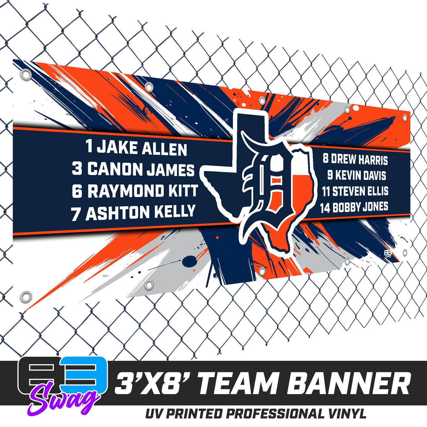 3'x8' Team Vinyl Banner with Roster - Dallas Tigers Baseball v.26