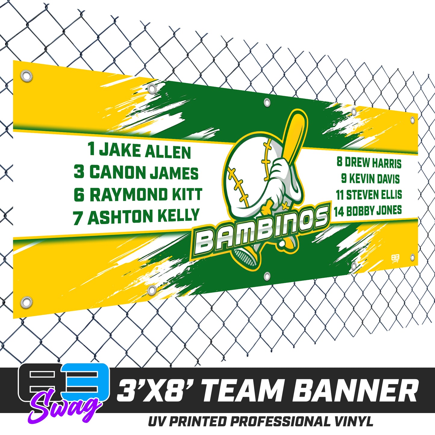3'x8' Team Vinyl Banner with Roster - Bambinos Baseball