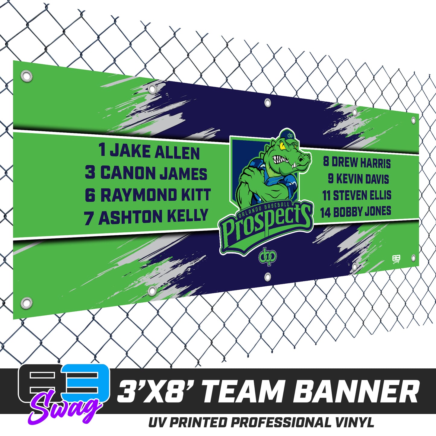 3'x8' Team Vinyl Banner with Roster - Orlando Baseball Prospects - Swamp Kings