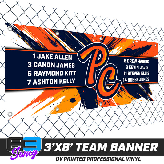 3'x8' Team Vinyl Banner with Roster - Peach Clobbers Baseball V.26