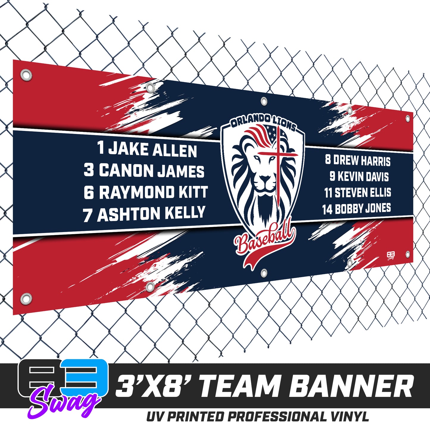 3'x8' Team Vinyl Banner with Roster - Orlando Lions Baseball