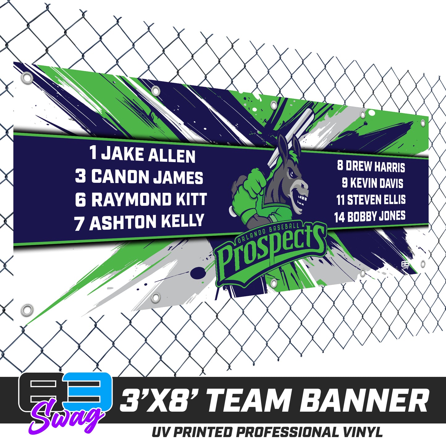 3'x8' Team Vinyl Banner with Roster - Orlando Baseball Prospects - Swamp Donkeys V.2026