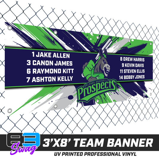 3'x8' Team Vinyl Banner with Roster - Orlando Baseball Prospects - Swamp Donkeys V.2026