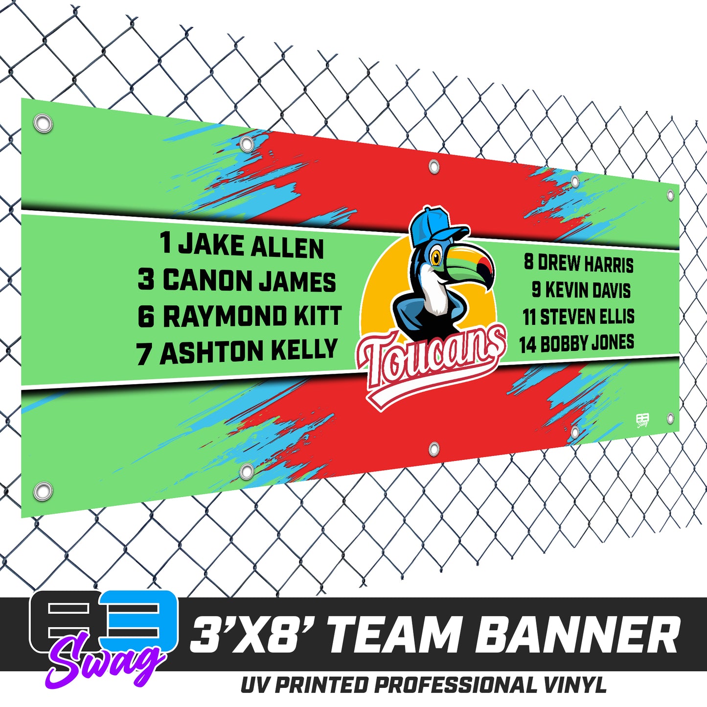 3'x8' Team Vinyl Banner with Roster - Toucans Baseball LV