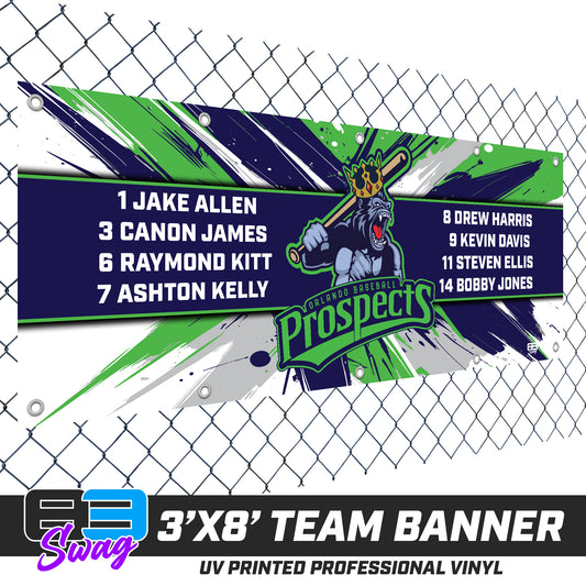 3'x8' Team Vinyl Banner with Roster - Orlando Baseball Prospects - Gorilla Kings V.2026