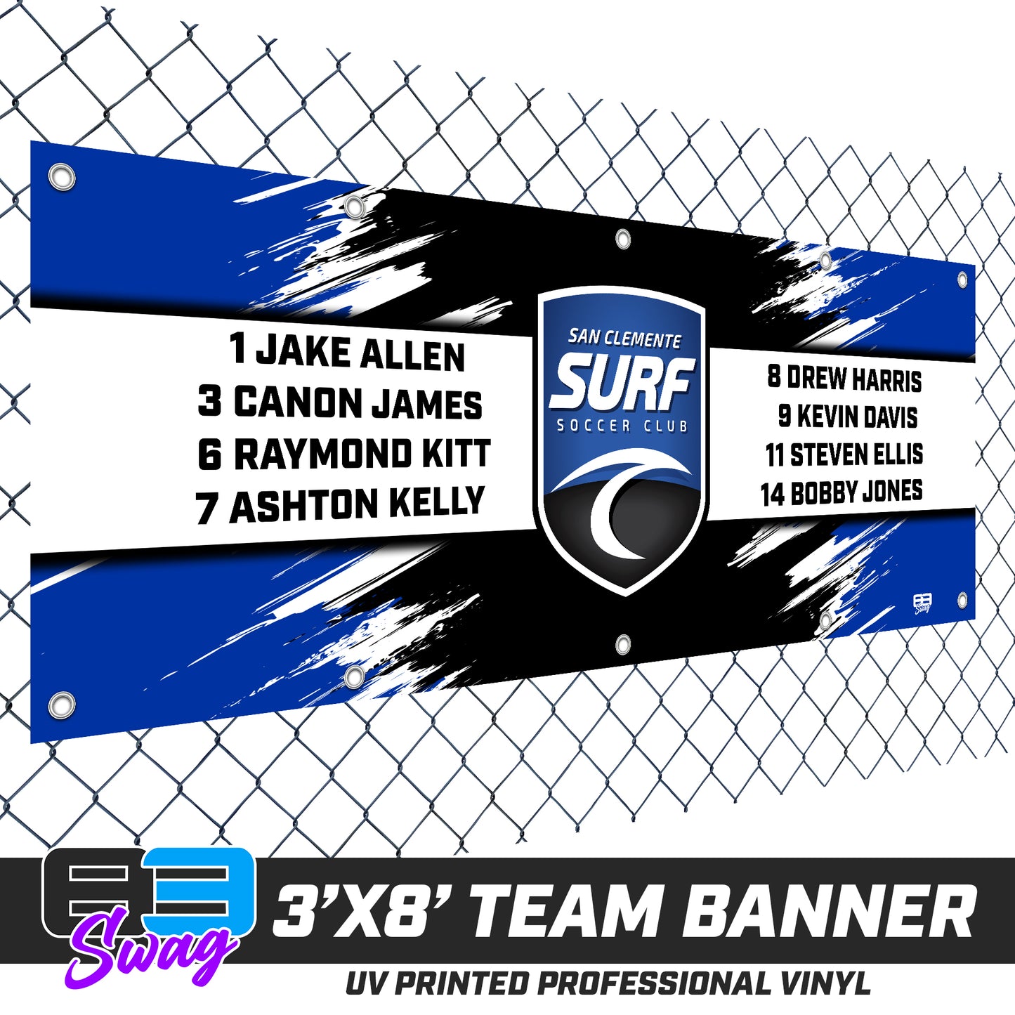3'x8' Team Vinyl Banner with Roster - San Clemente Surf Soccer Club