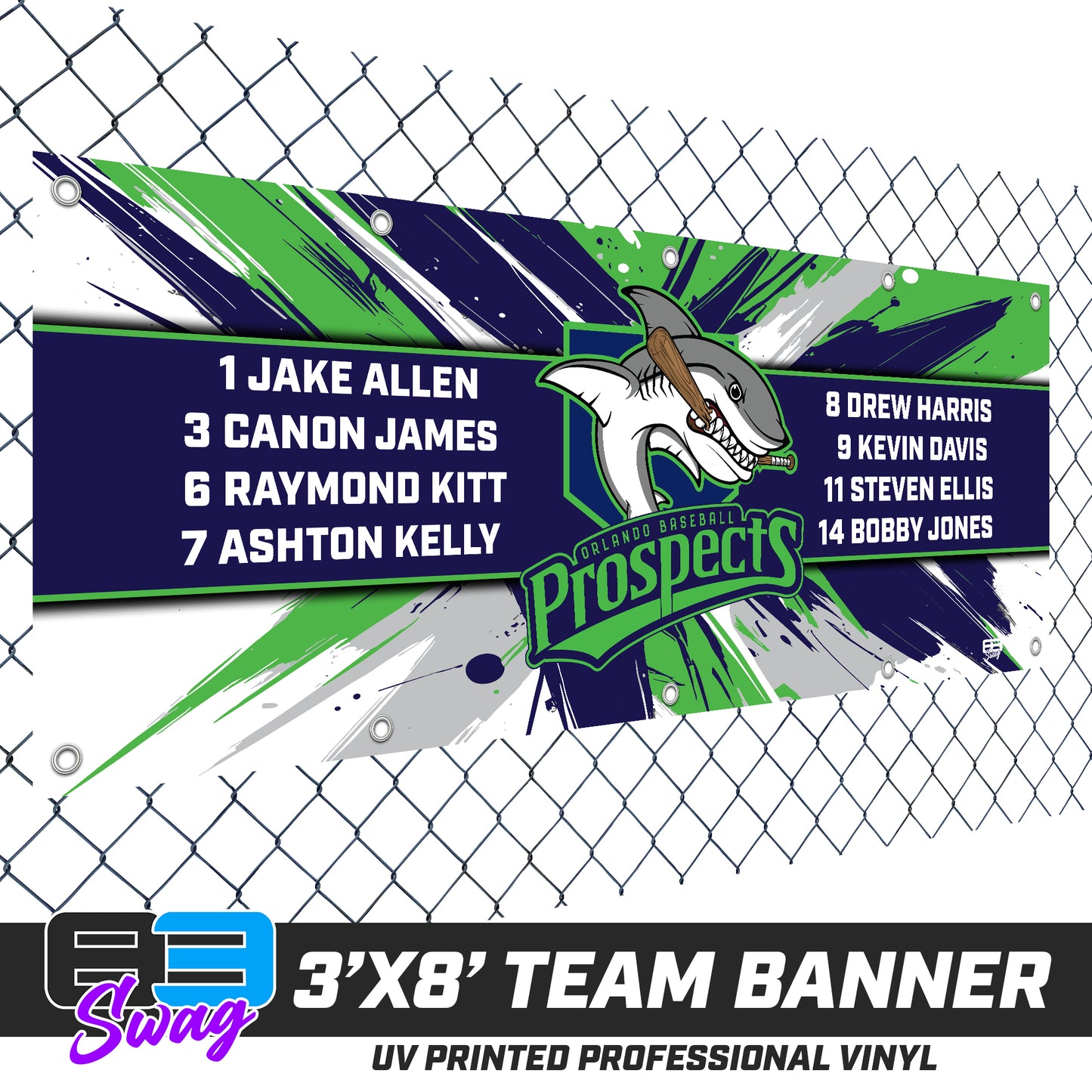 3'x8' Team Vinyl Banner with Roster - Orlando Baseball Prospects - Land Sharks V.2026
