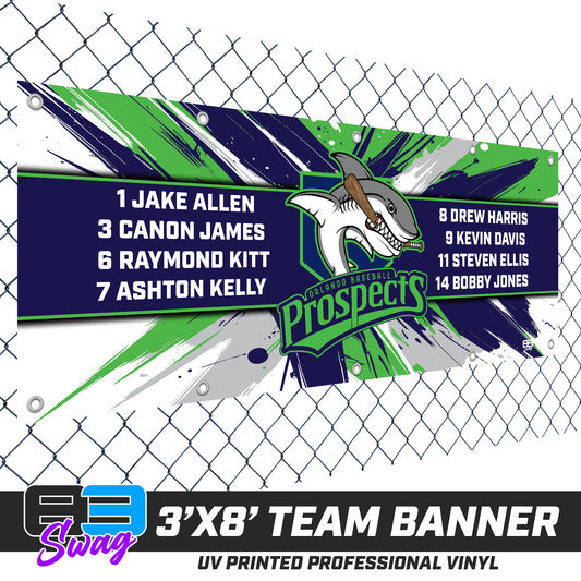 3'x8' Team Vinyl Banner with Roster - Orlando Baseball Prospects - Land Sharks V.2026