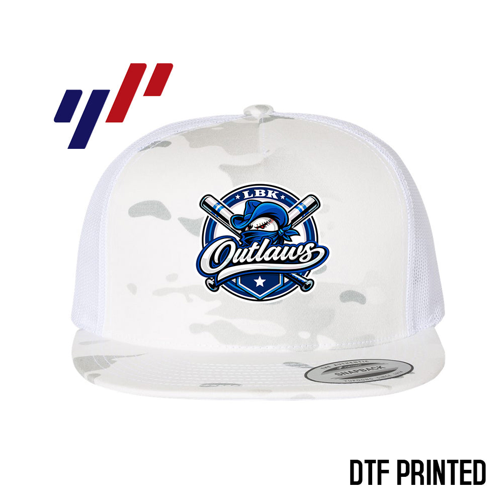 Yupoong 6006 Adult 5-Panel Classic Trucker Hat - DTF PRINTED - LBK Outlaws Baseball
