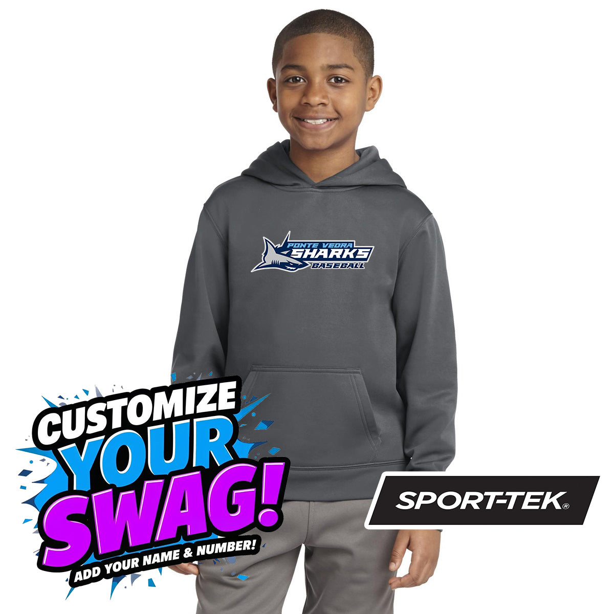 Sport-Tek Youth Sport-Wick Fleece Hooded Pullover YST244 - PVAA Sharks Baseball