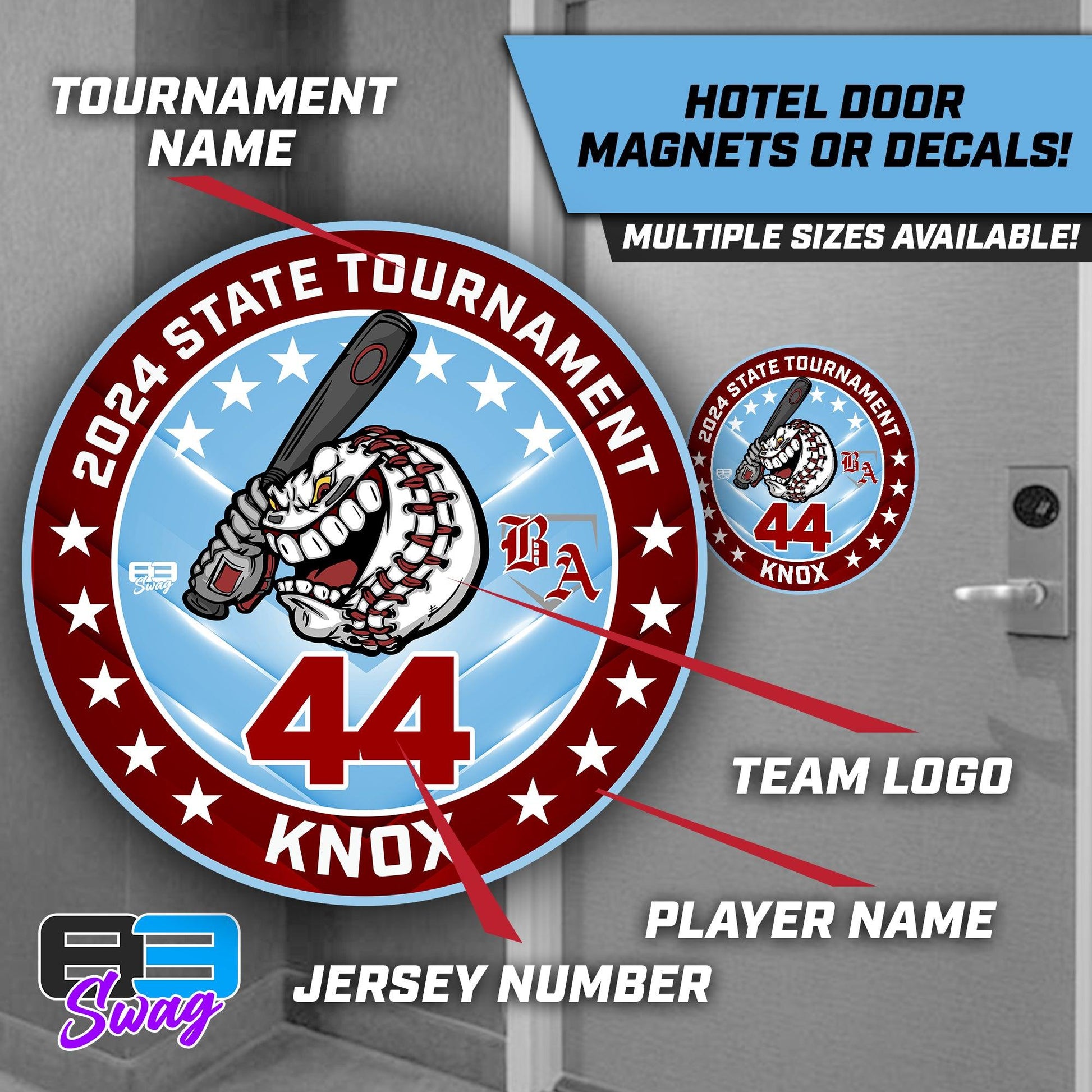 Team Hotel Door Tournament Magnets OR Vinyl Decals! - Bat Attack Baseball - 83Swag