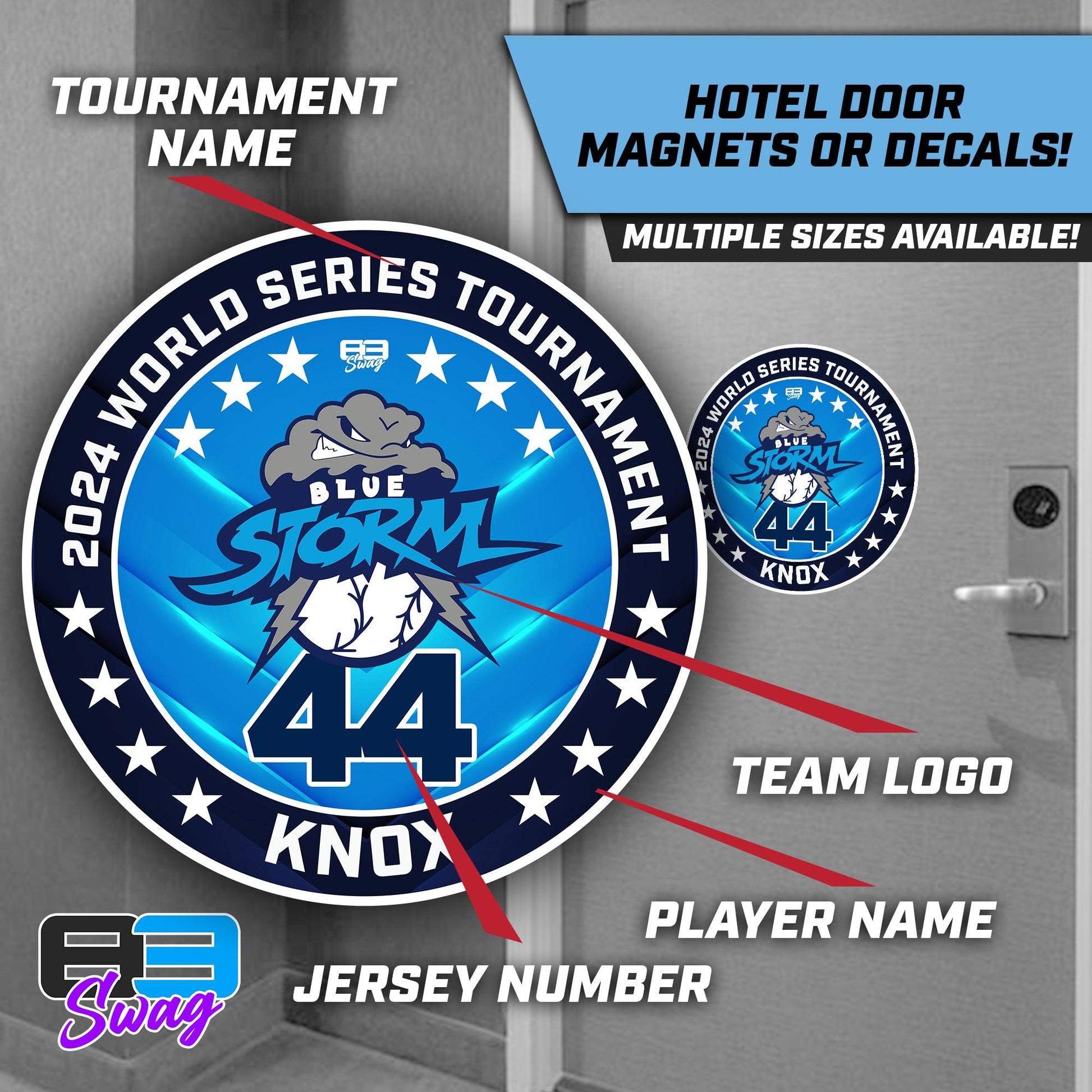 Team Hotel Door Tournament Magnets OR Vinyl Decals! - Blue Storm Baseball - 83Swag