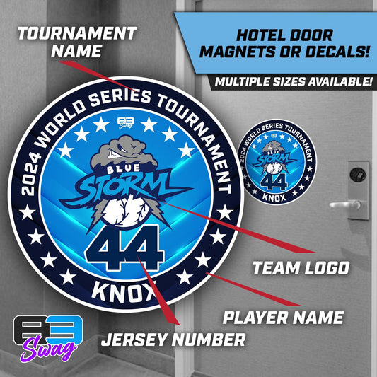 Team Hotel Door Tournament Magnets OR Vinyl Decals! - Blue Storm Baseball - 83Swag