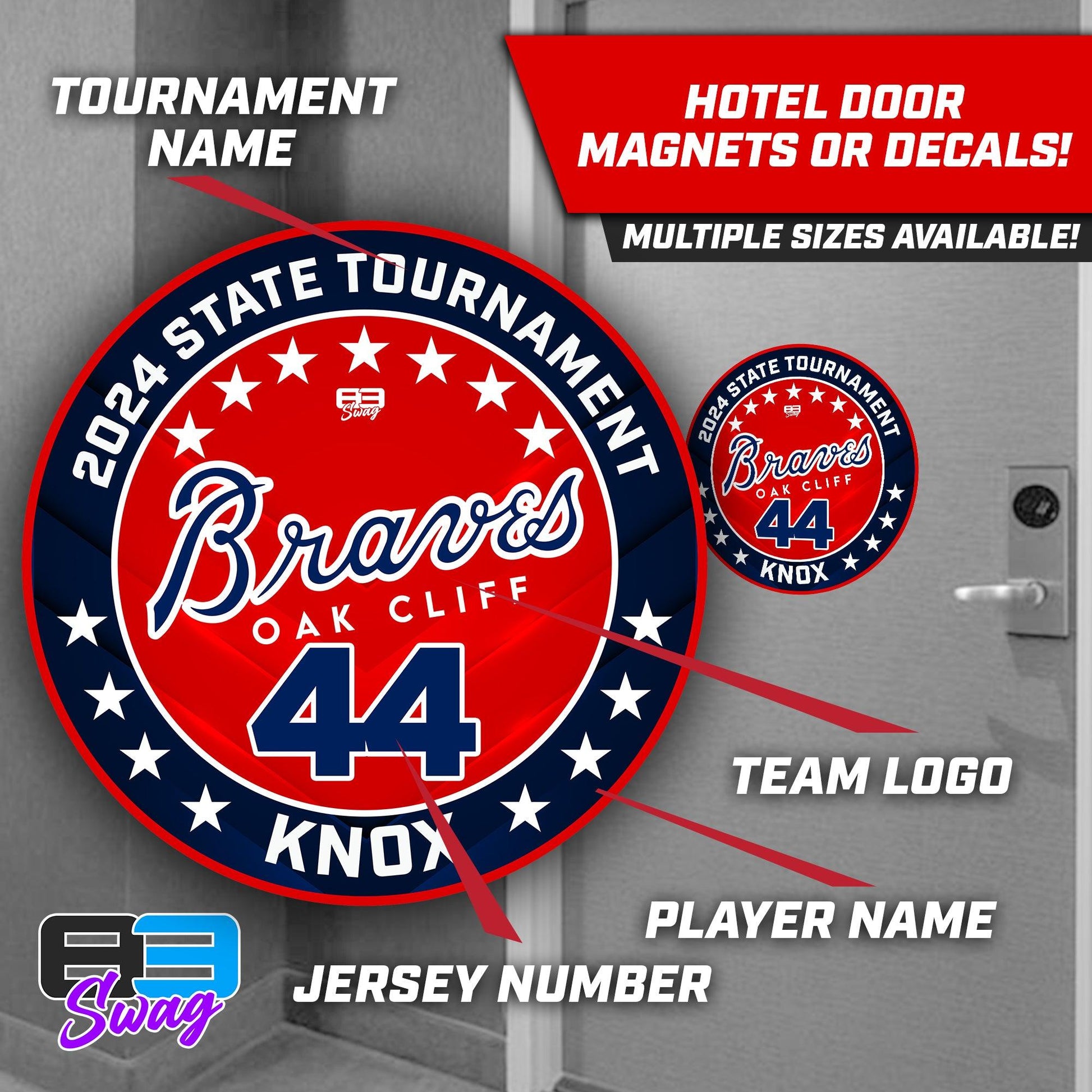 Team Hotel Door Tournament Magnets OR Vinyl Decals! - Oak Cliff Braves Baseball - 83Swag