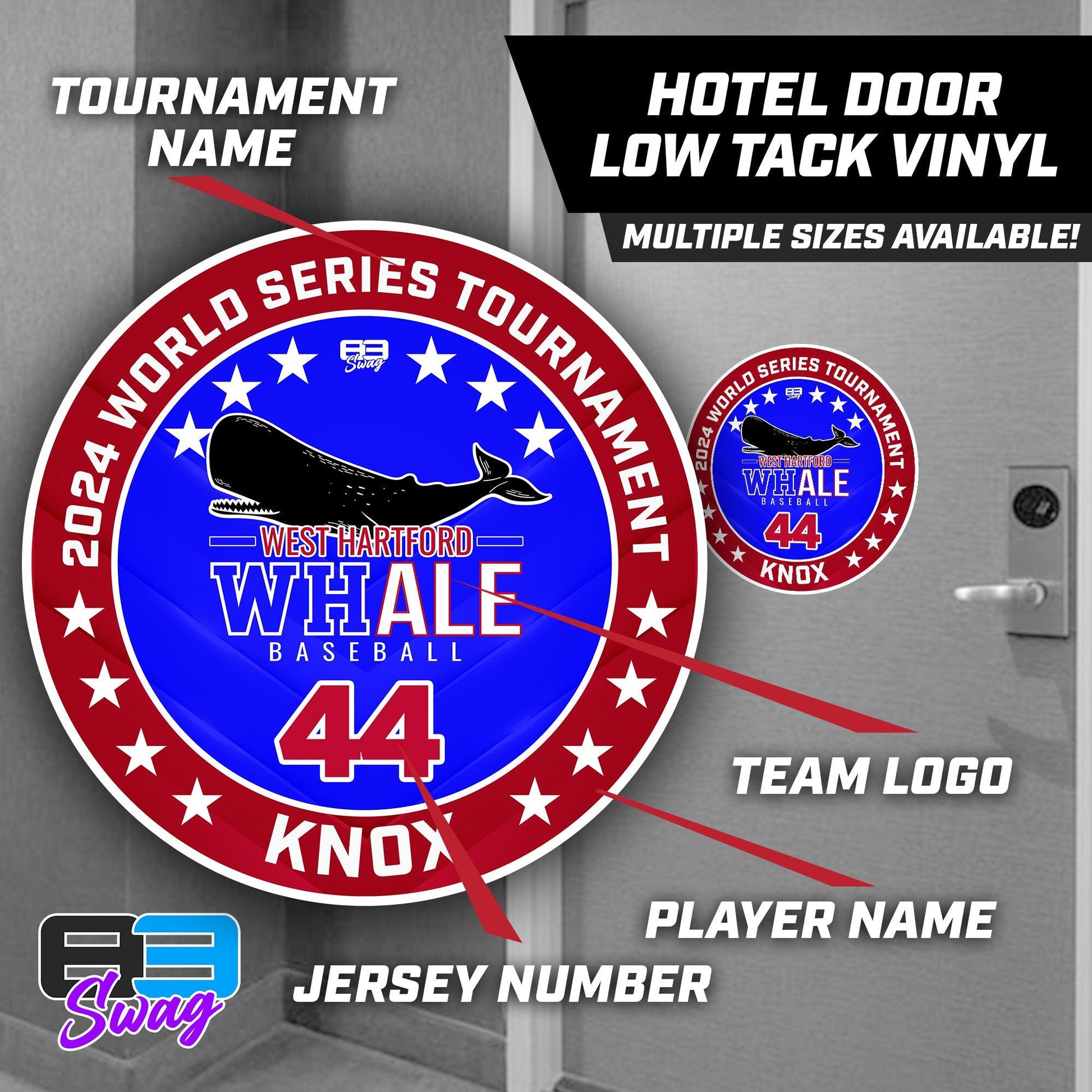 Team Hotel Door Tournament Magnets OR Vinyl Decals! - West Hartford Whale Baseball - 83Swag